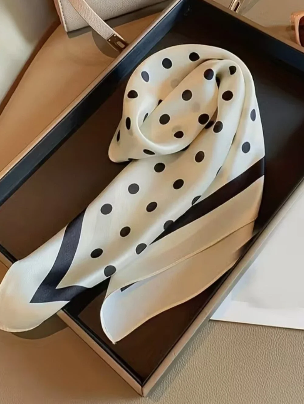 Silk-feel Classic Polka Dot S Scarf - Black on Cream Head Scarf , Neck Scarf